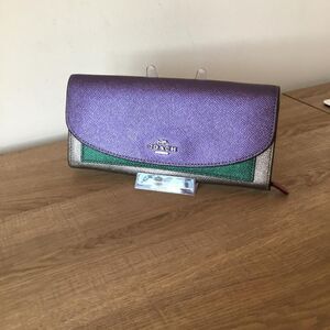Coach Tri Color Metallic Purple, Teal & Silver Colorblock Envelope Wallet